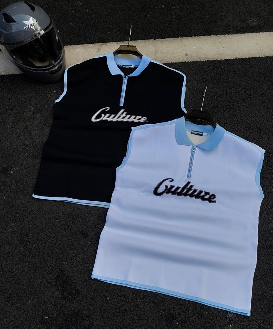 Black and white armless quarter-zip polos with Cultuze script embroidery.