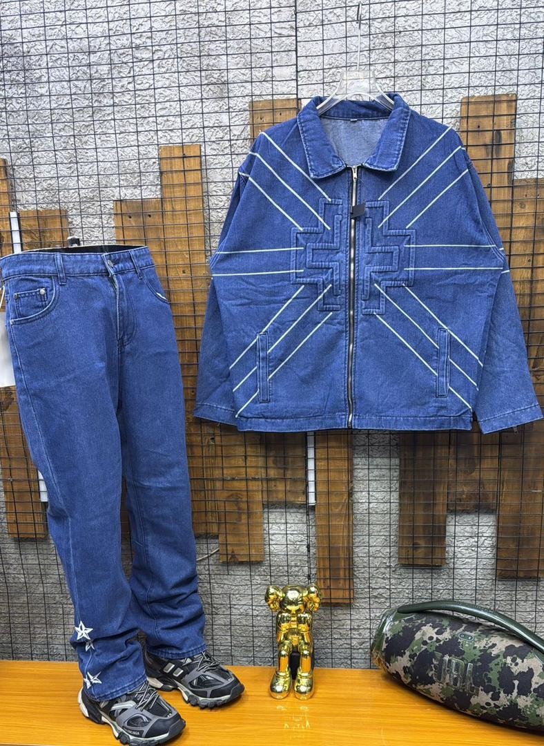 Blue geometric pattern denim jacket and star hem jeans two-piece set with accessories.