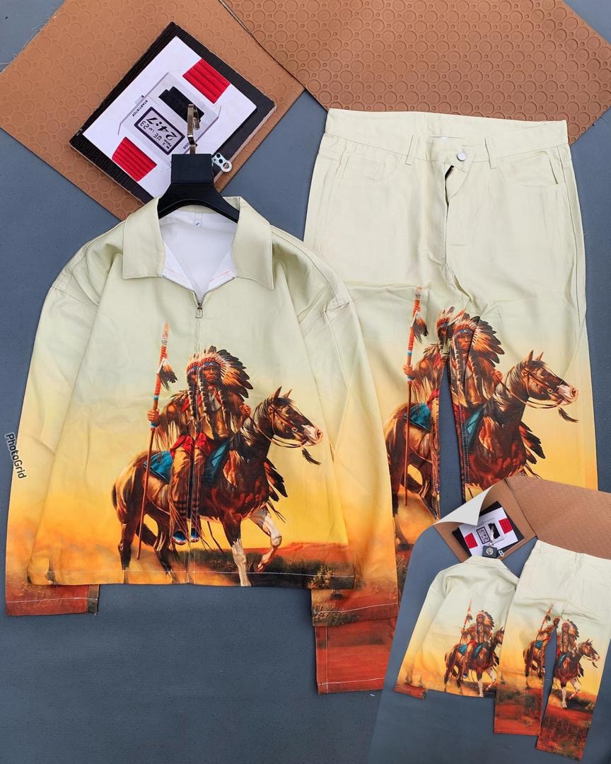 Cream warrior on horse print zip jacket and trousers two-piece set.