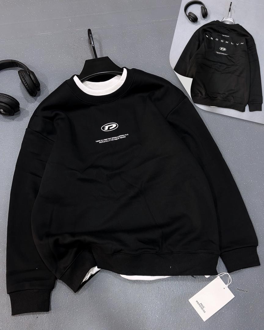 Black sweatshirt with Brooklyn logo, tree quote text and back view inset with headphones.