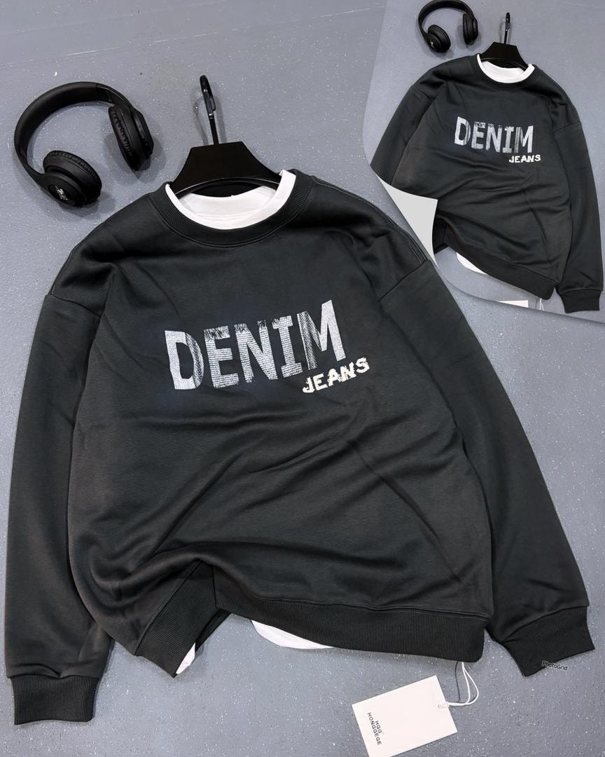 Black sweatshirt displaying DENIM JEANS graphic with back view inset and accessories.