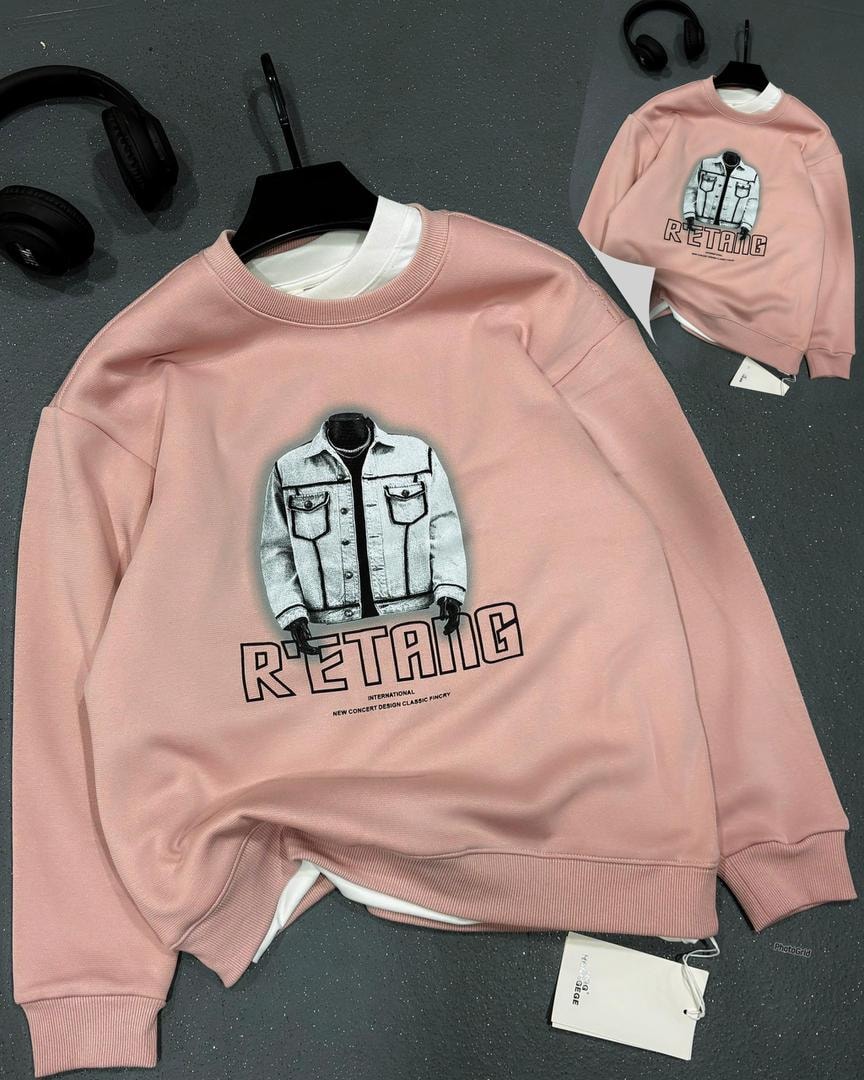 Pink sweatshirt with denim jacket graphic and R'ETANG text, with back inset and headphones.