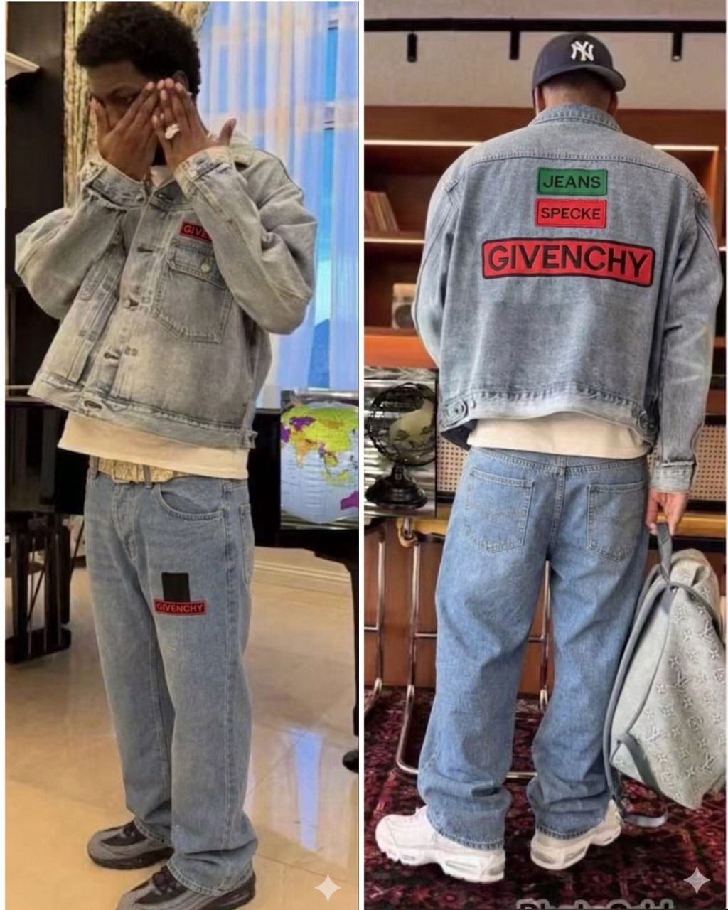 Two views of men wearing light blue Givenchy branded denim jacket and pants sets with visible patches and back prints.