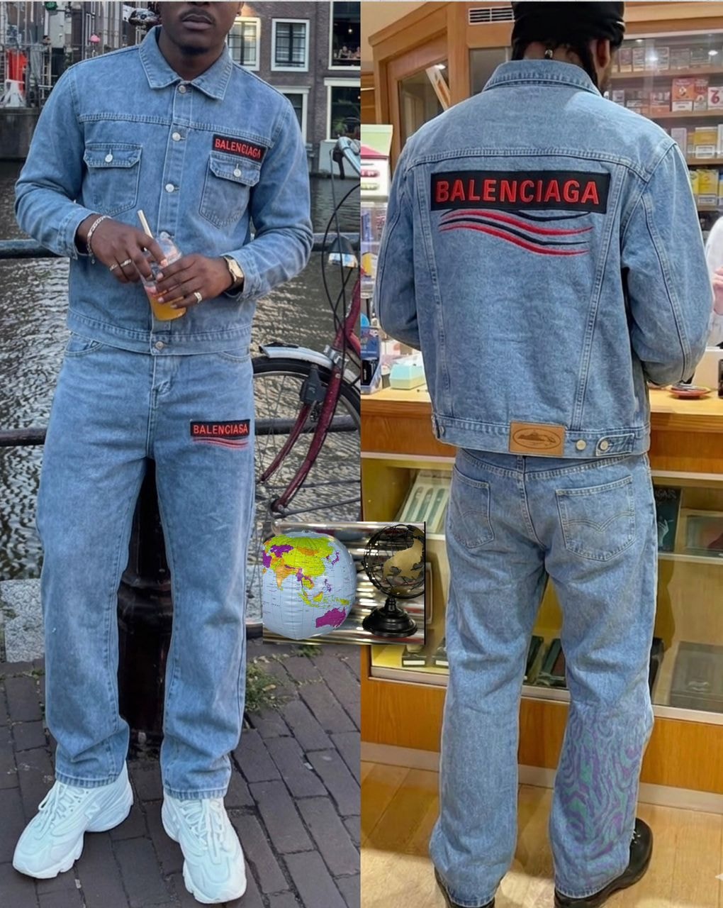 Man wearing light blue denim Balenciaga two-piece set shown in front and back views with logo details.