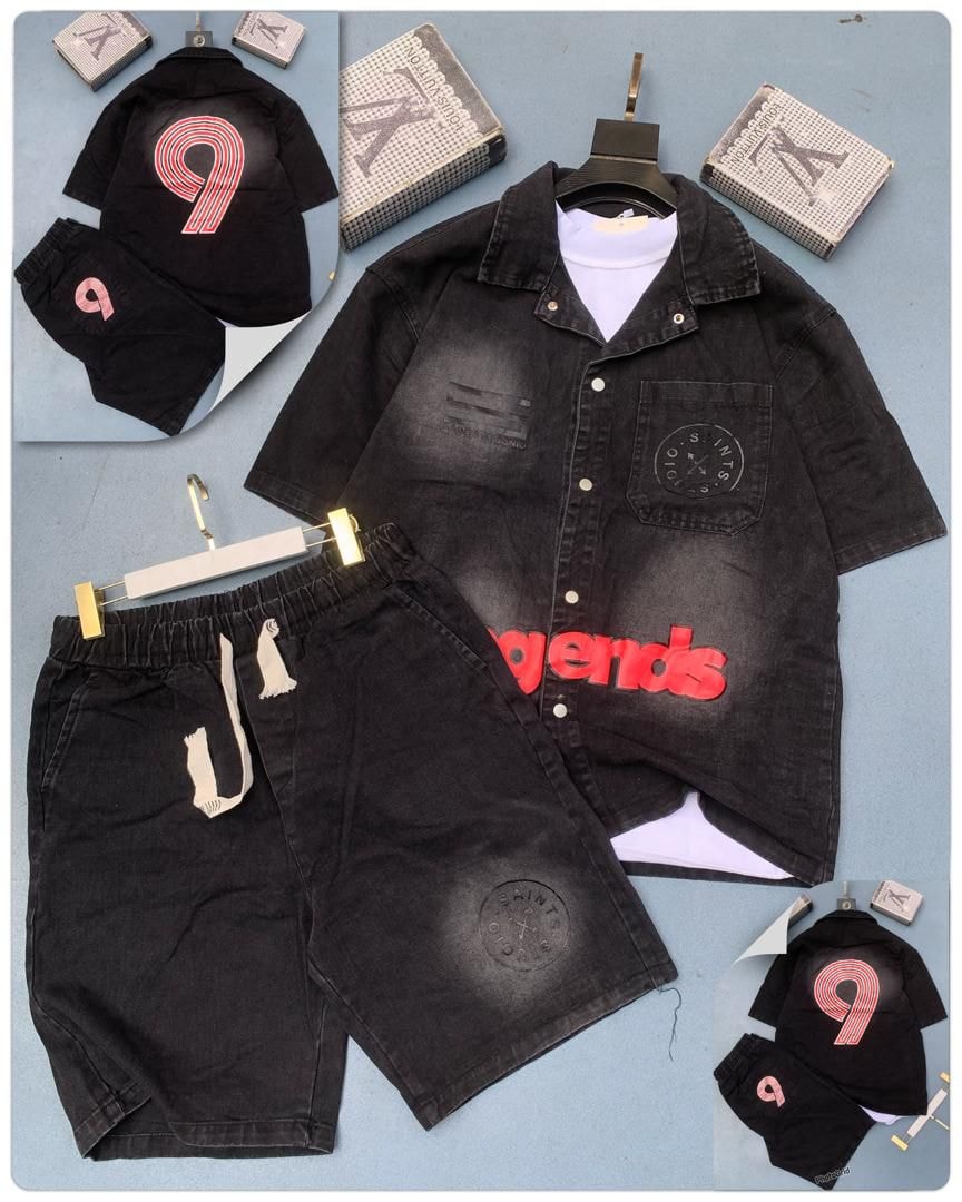 Black graphic denim shirt with legends and saints prints paired with matching shorts, including back view with number 9.
