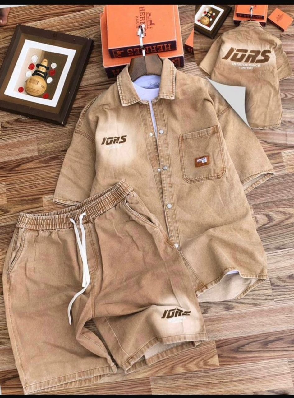 Tan JORS denim short-sleeve shirt with pocket and matching drawstring shorts, shown with back view.