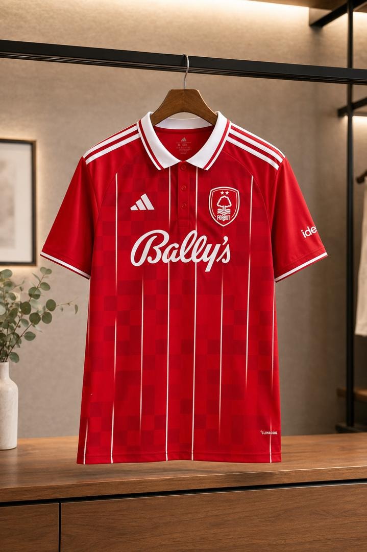 Red Nottingham Forest Adidas polo shirt with checkered pattern hanging on wooden hanger.