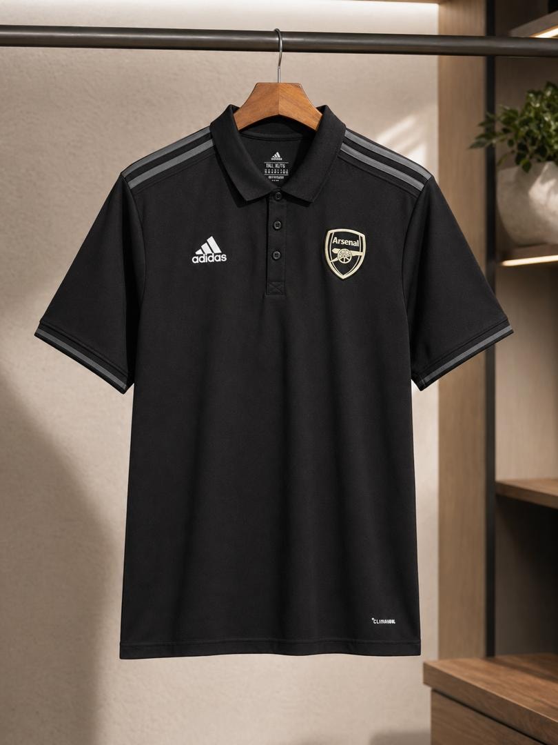 Black Adidas Arsenal polo shirt hanging on wooden hanger.