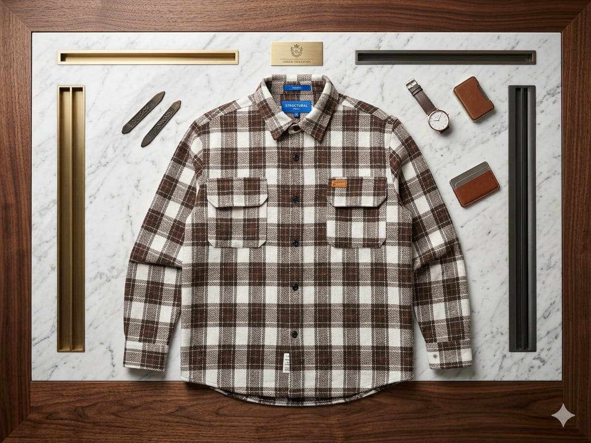 Brown and white plaid flannel shirt styled flat lay with watch, wallet and cufflinks.
