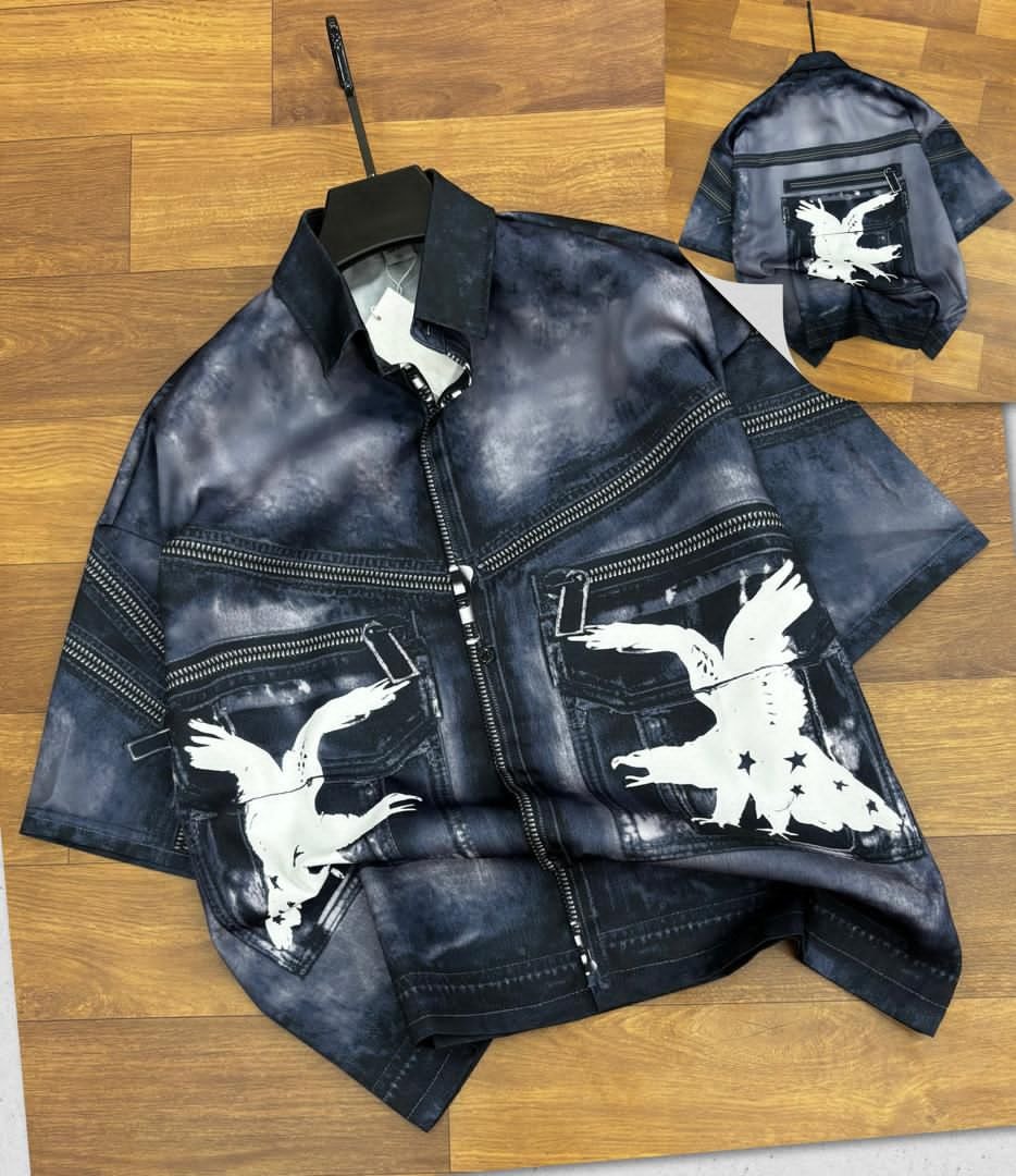 Unisex zip-up shirt in dark wash with white eagle graphics and zipper details.