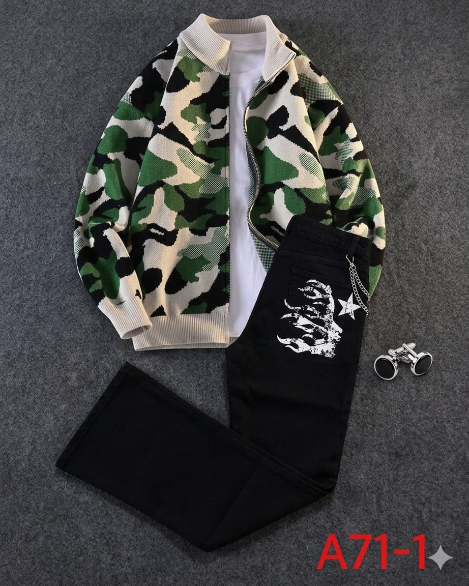 Camouflage knit zip jacket and black graphic trousers combo displayed flat lay with white inner top and accessories.
