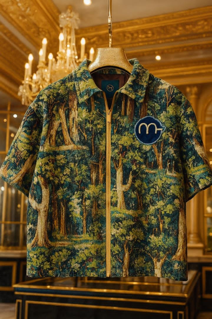 Forest print zip-up crop shirt hanging in opulent interior with chandelier.