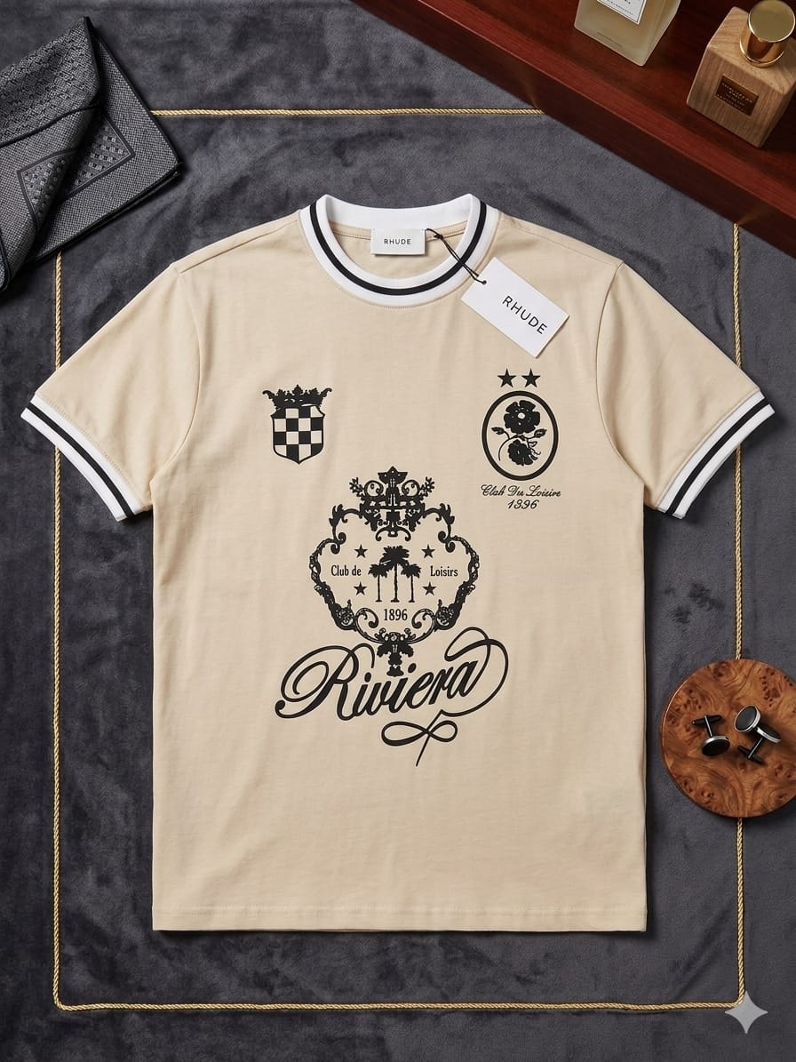 Cream RHUDE Riviera graphic t-shirt with black prints, crests and script, shown flat with accessories.