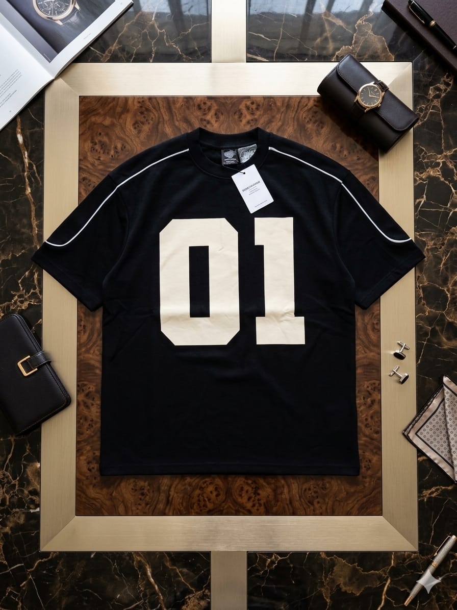 Black oversized t-shirt with large off-white 01 print on chest and contrast white shoulder piping, displayed on dark marble.