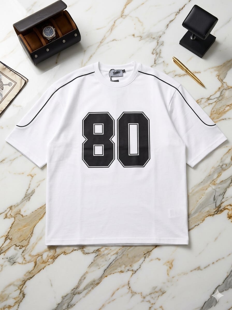 White oversized t-shirt with large black 80 print on chest and contrast shoulder piping, styled flat on marble surface.