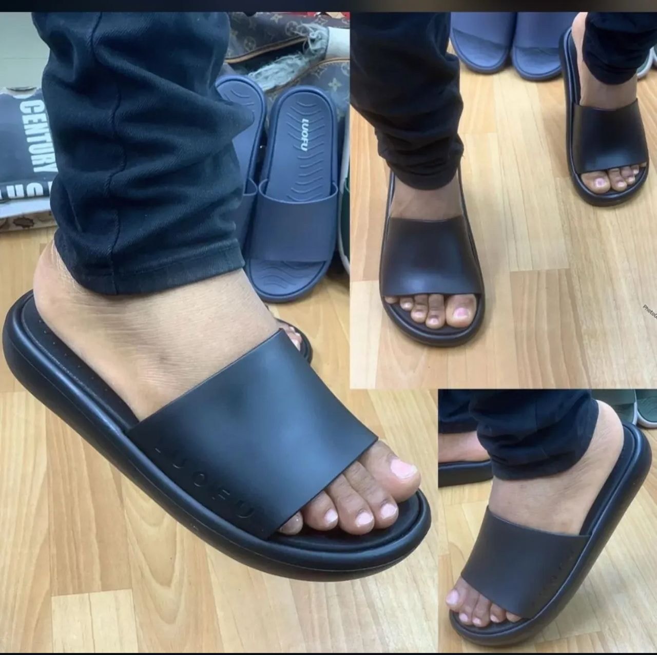 Black Luofu platform slides worn on feet from several angles.
