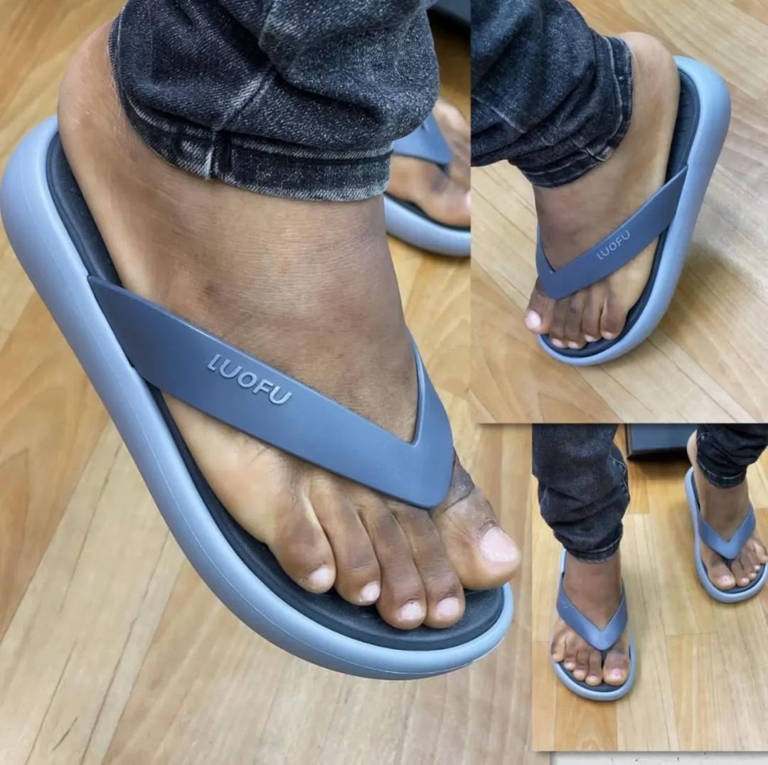 Gray Luofu flip flops on a model from various angles on wooden flooring.