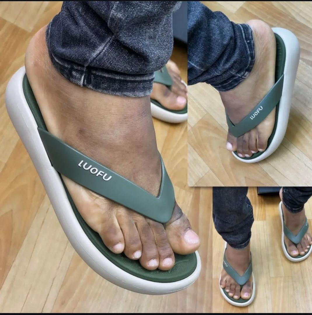 Olive Luofu flip flops worn on feet with close-ups of the LUOFU branding.