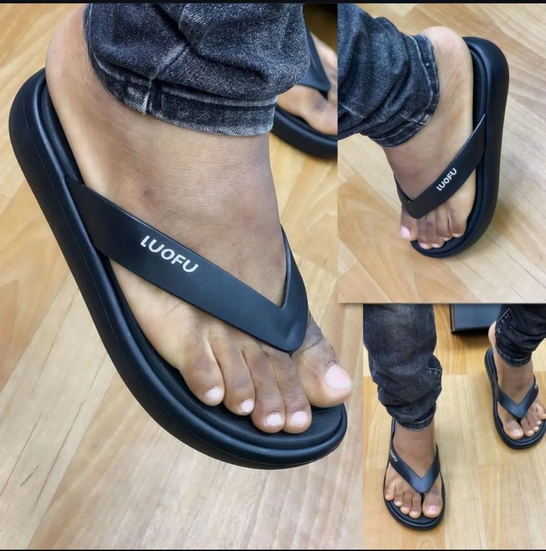 Black Luofu flip flops on feet showing the thong strap and thick sole from multiple views.