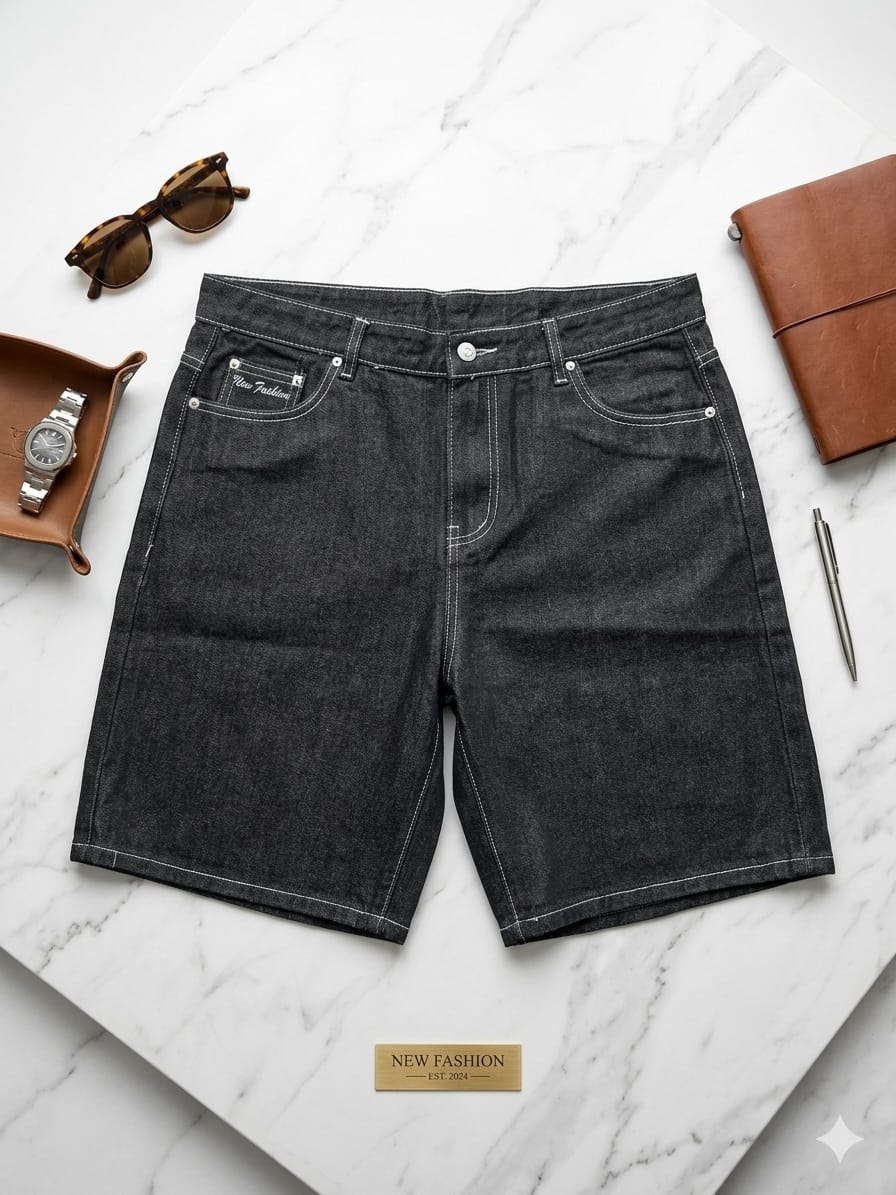 Back view of black denim jorts on marble with watch, pen and leather accessories.