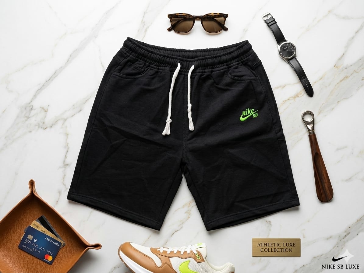Black Nike SB shorts flat lay with sneakers, watch and sunglasses.