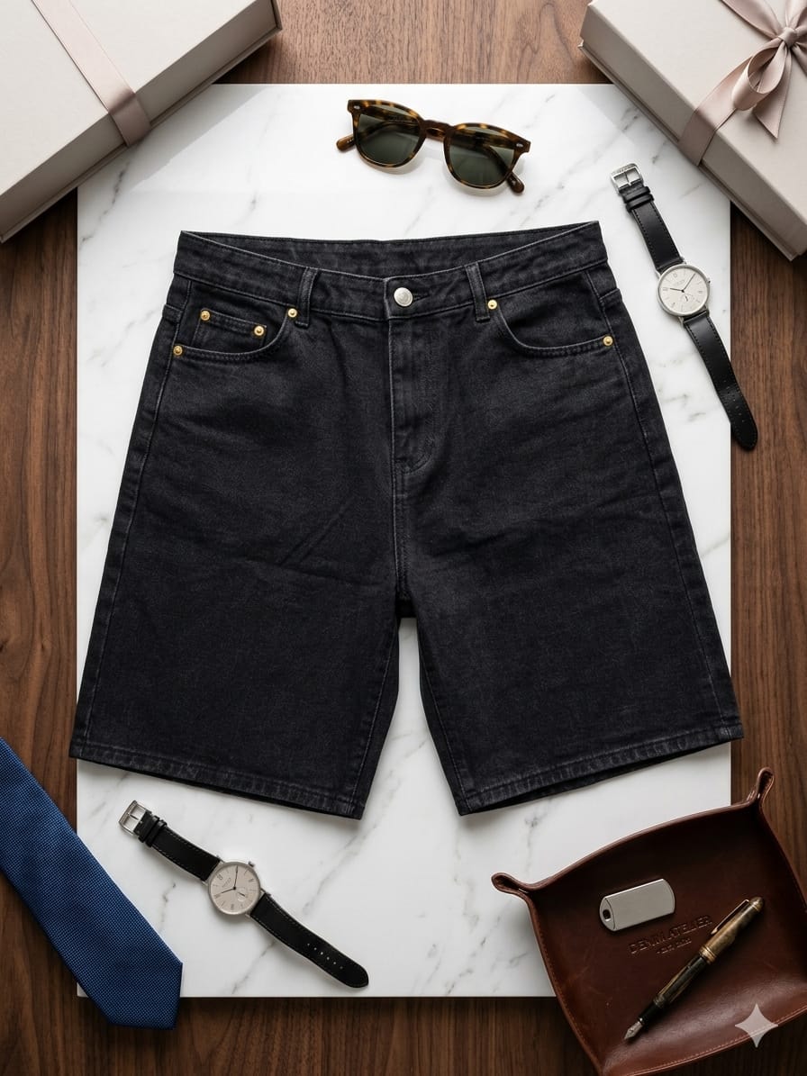 Black denim jorts displayed on marble surface with watch, sunglasses and tie.