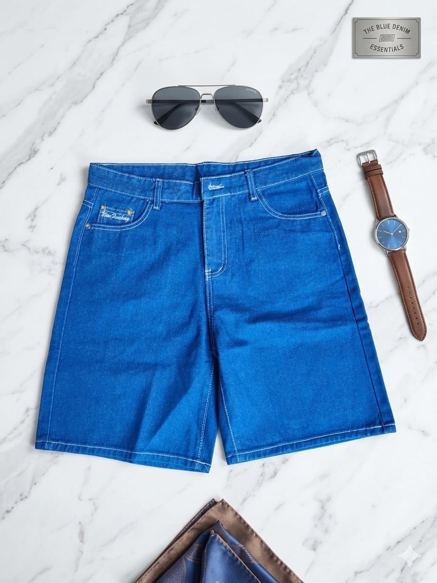 Back view of blue denim shorts with white contrast stitching and pocket details.