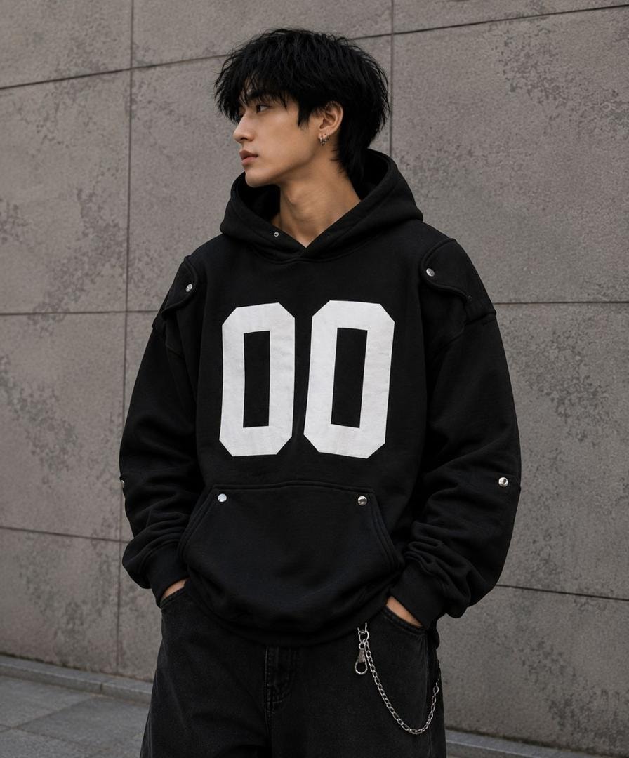 Man modeling black oversized hoodie with large white 00 graphic and shoulder buttons.