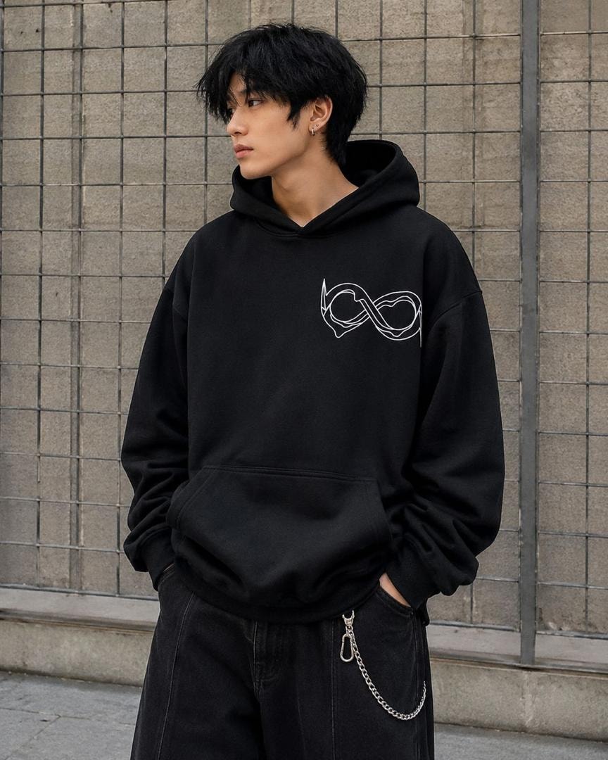 Man modeling black oversized hoodie with white infinity graphic on chest.