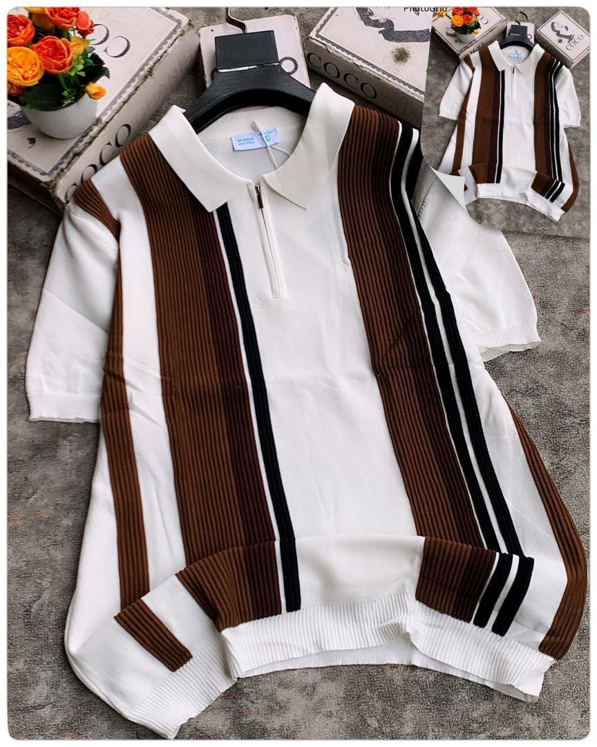 White vertically striped ribbed polo shirt with brown and black accents.