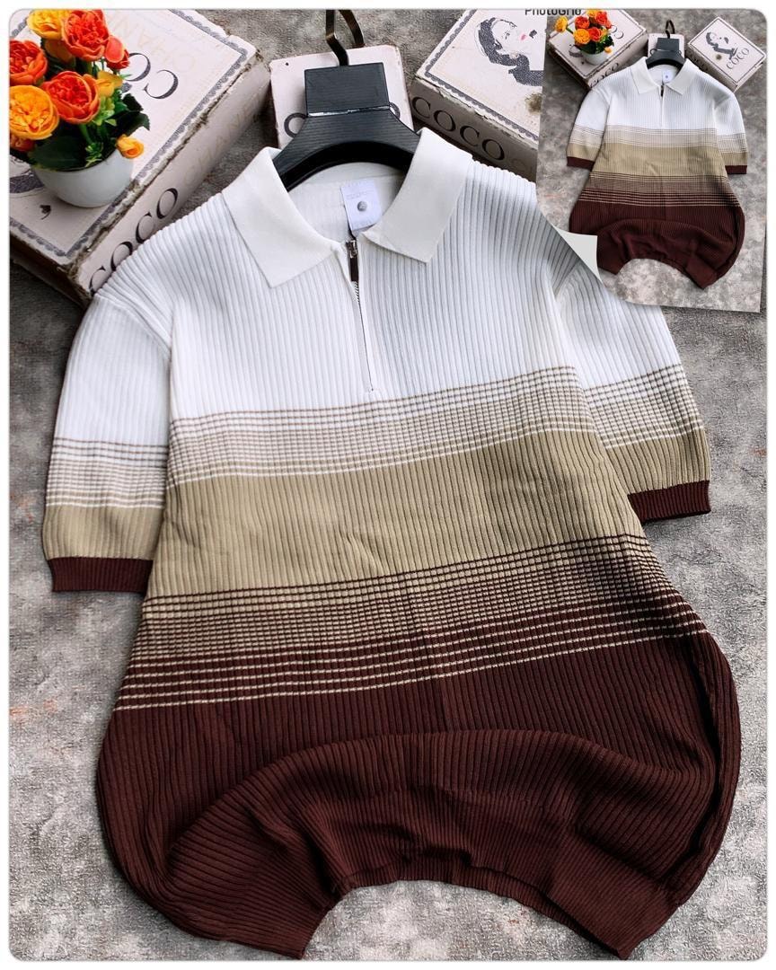 Brown horizontal colorblock ribbed polo shirt with white collar and quarter zip.