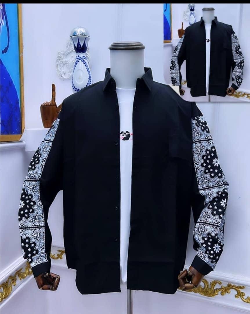 Black bandana sleeve shirt displayed on mannequin.