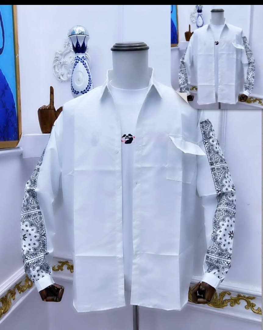 White bandana sleeve shirt on mannequin with inset image.
