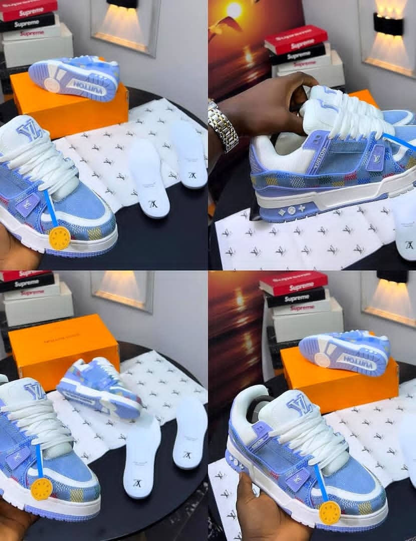 Multi-angle collage of blue Louis Vuitton checkered sneakers with orange box and branded insoles.
