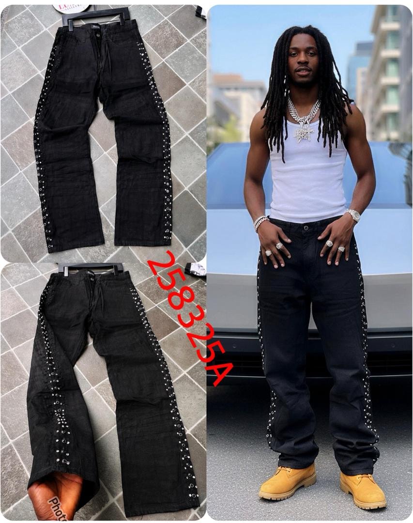 Collage of black baggy jeans with side eyelets: flat lays on tile and model wearing with white tank top and yellow boots.