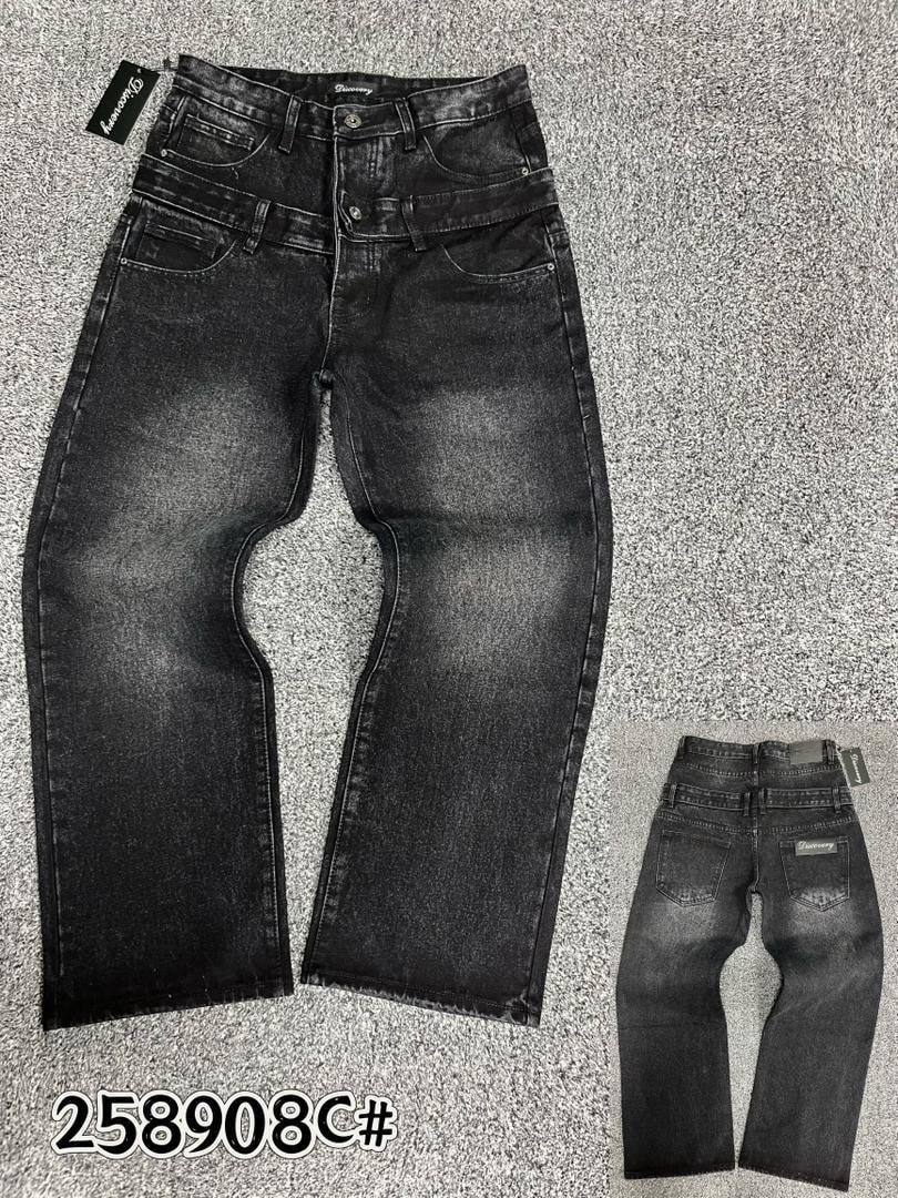 Black washed Discovery baggy jeans displayed flat with back view inset.