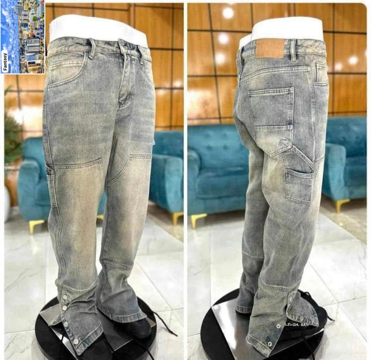 Faded gray cargo jeans displayed on mannequin showing side pockets and back details.
