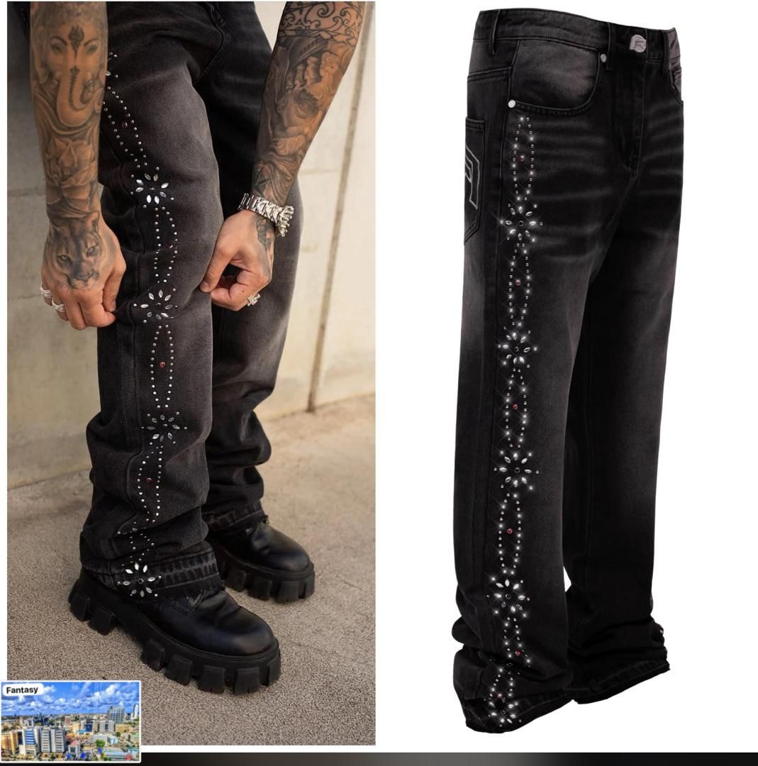 Black baggy jeans with rhinestone floral designs on legs, shown on model and in flat lay.