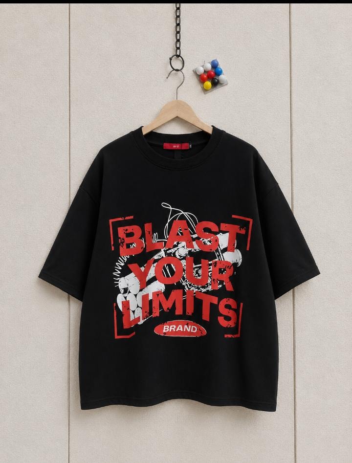 Black cropped tee with red Blast Your Limits text and graphic design.