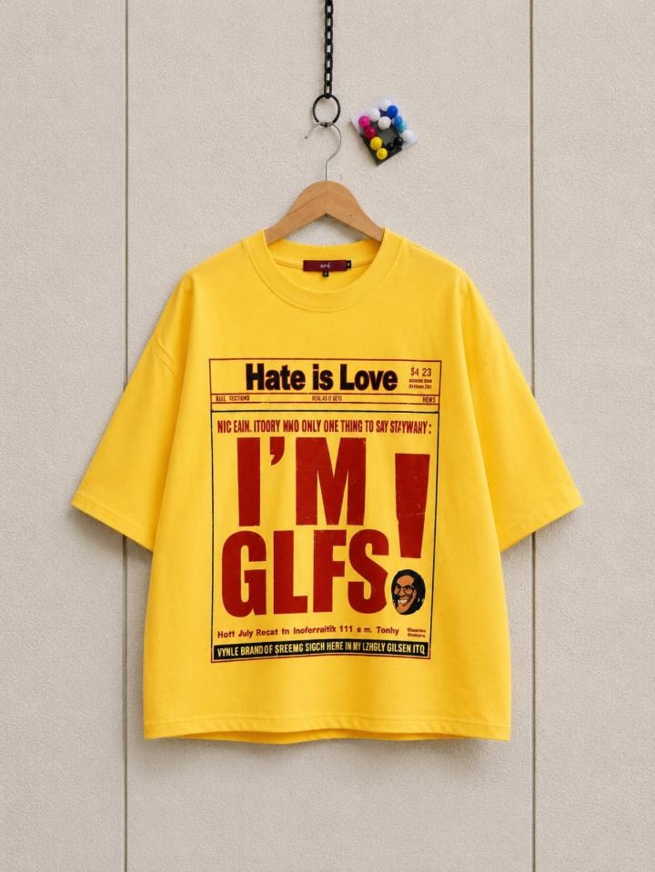 Yellow cropped tee with red Hate is Love newspaper graphic and I'm GLFS print.