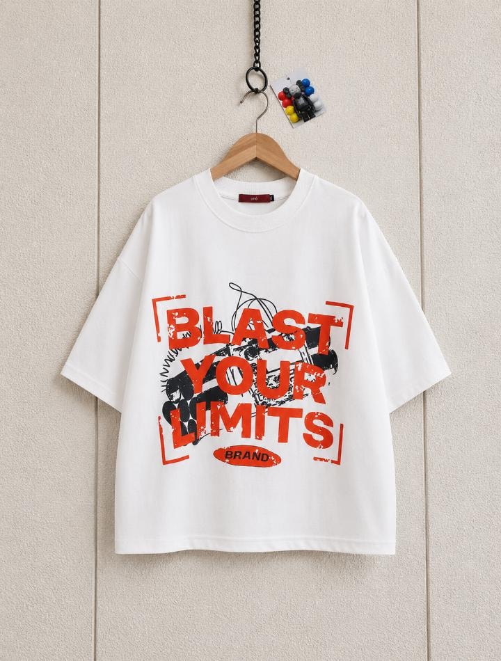 White cropped tee with Blast Your Limits red graphic and motorcycle illustration.