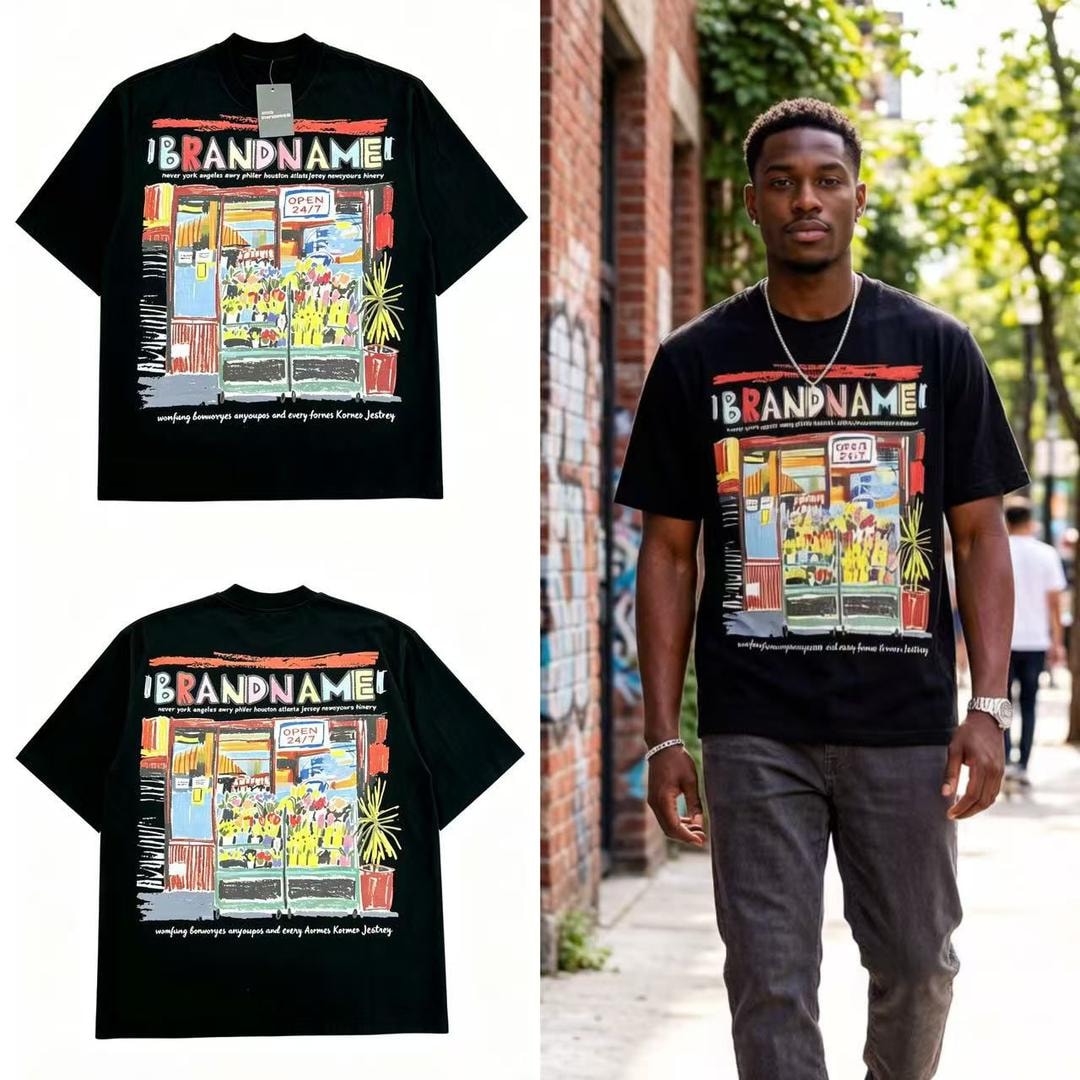 Black Brandname storefront graphic tee shown in flat lay, back view and on model.
