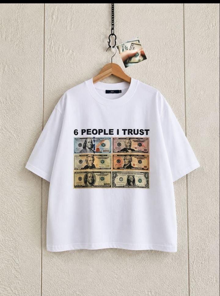 White cropped tee hanging with 6 People I Trust dollar bills graphic.