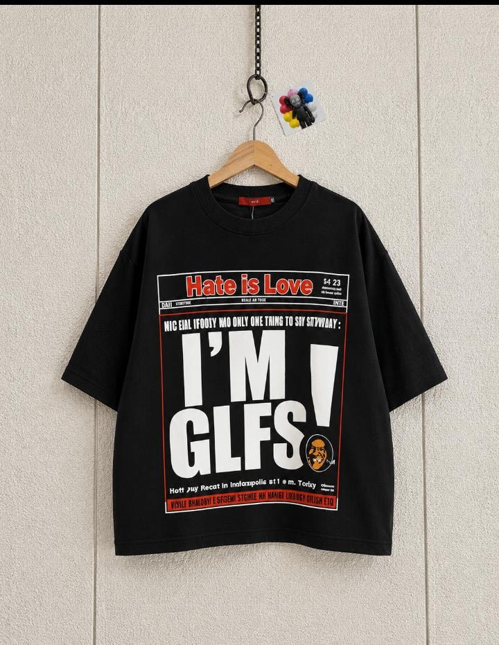 Black cropped tee hanging with Hate is Love newspaper graphic and I'm GLFS text.