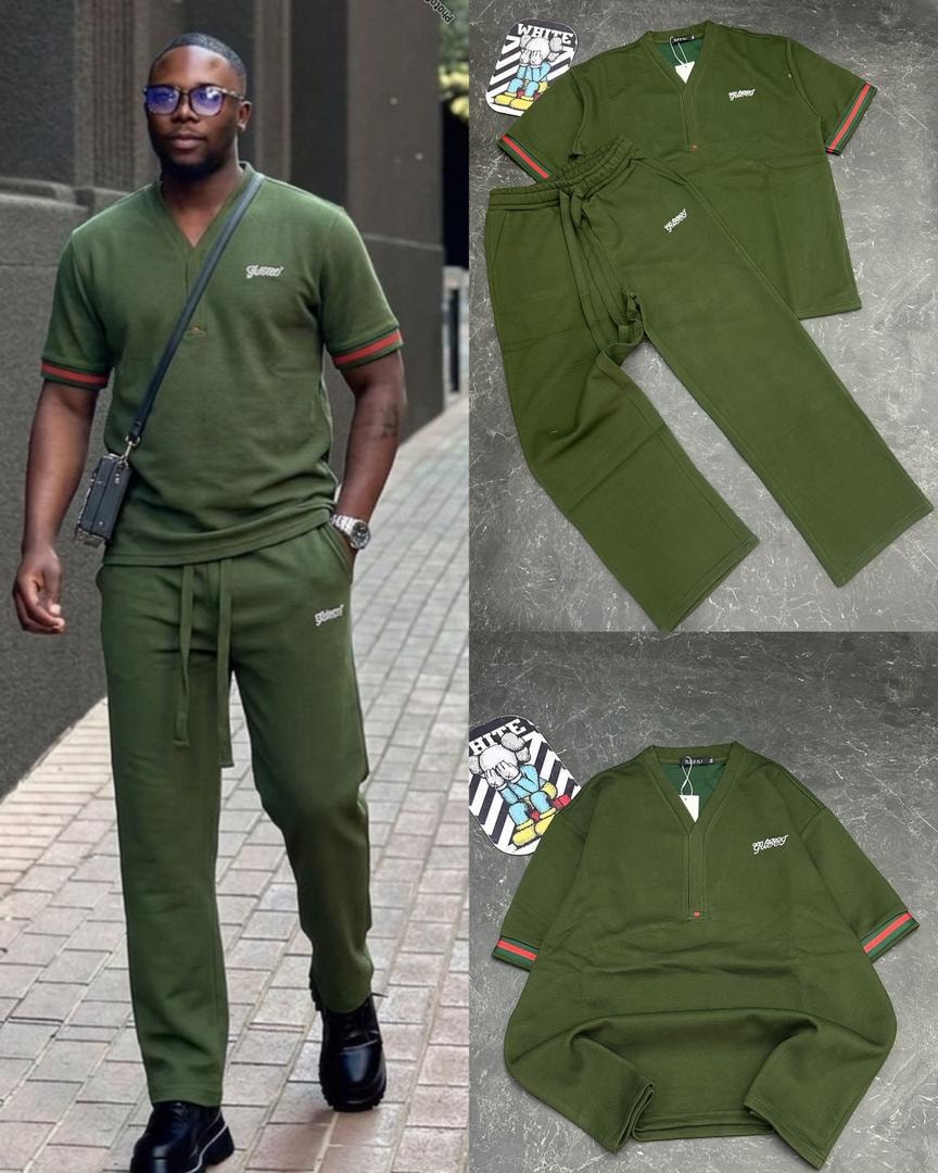 Olive green Omega two-piece set on model and in flat lay presentation.