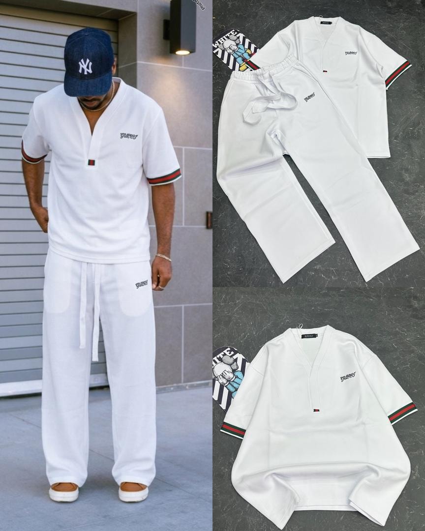 White Omega ribbed two-piece set shown on model and in flat lay views.