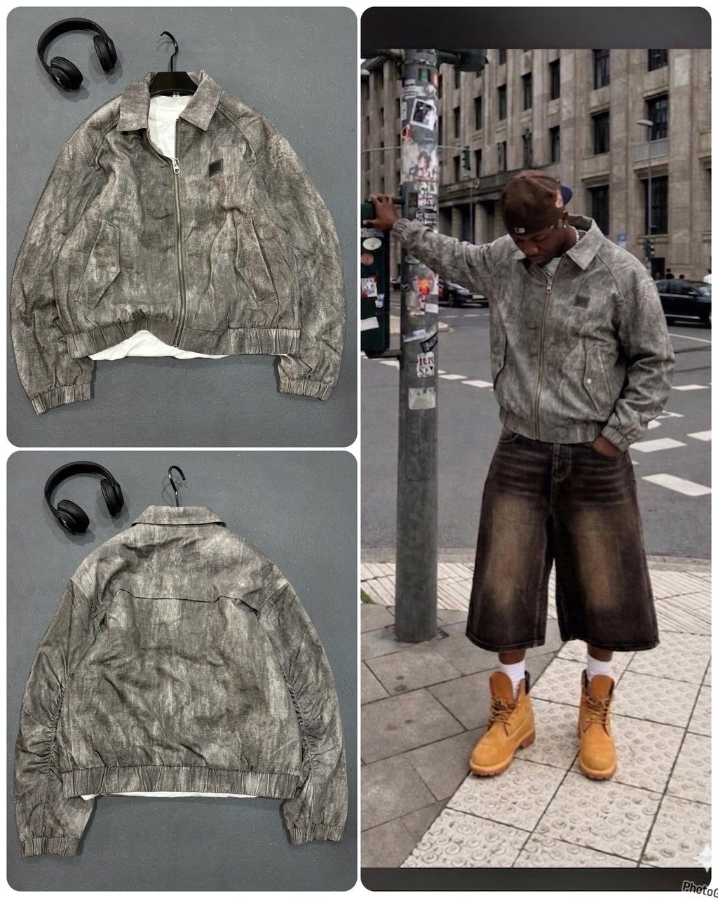 Gray Omega distressed bomber jacket in flat lay front and back views plus model wearing outdoors.