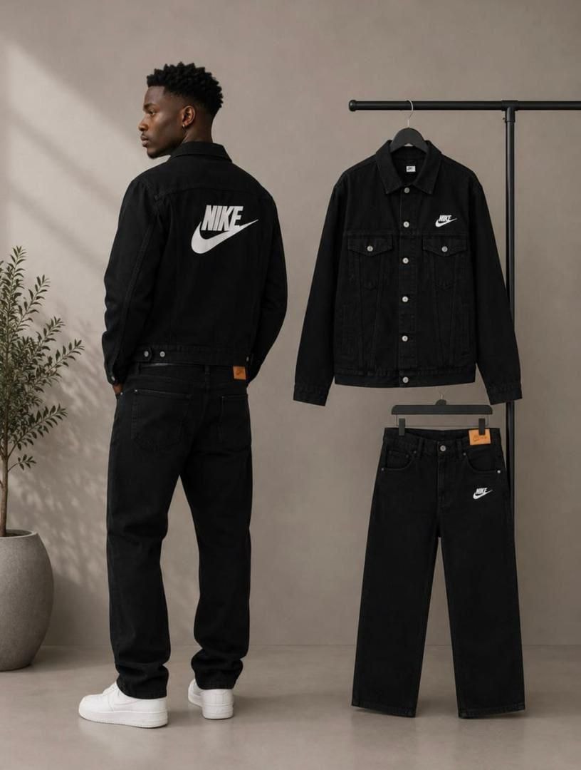 Male model wearing black Nike denim jacket and pants from rear view alongside product flat lay.