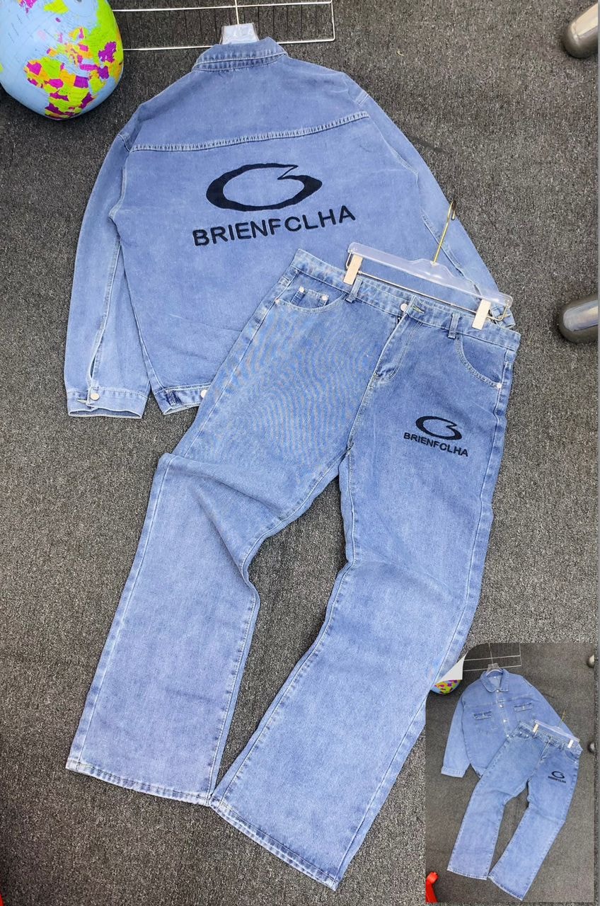 Flat lay of light blue denim jacket with BRIENFCLHA logo on back and matching pants with leg logo.