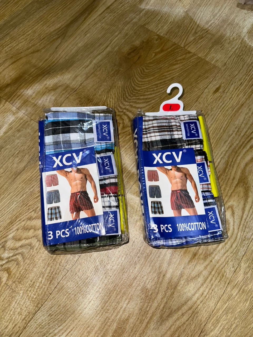 XCV 3 PCS 100% cotton men's boxers in two plaid design packs, size L.